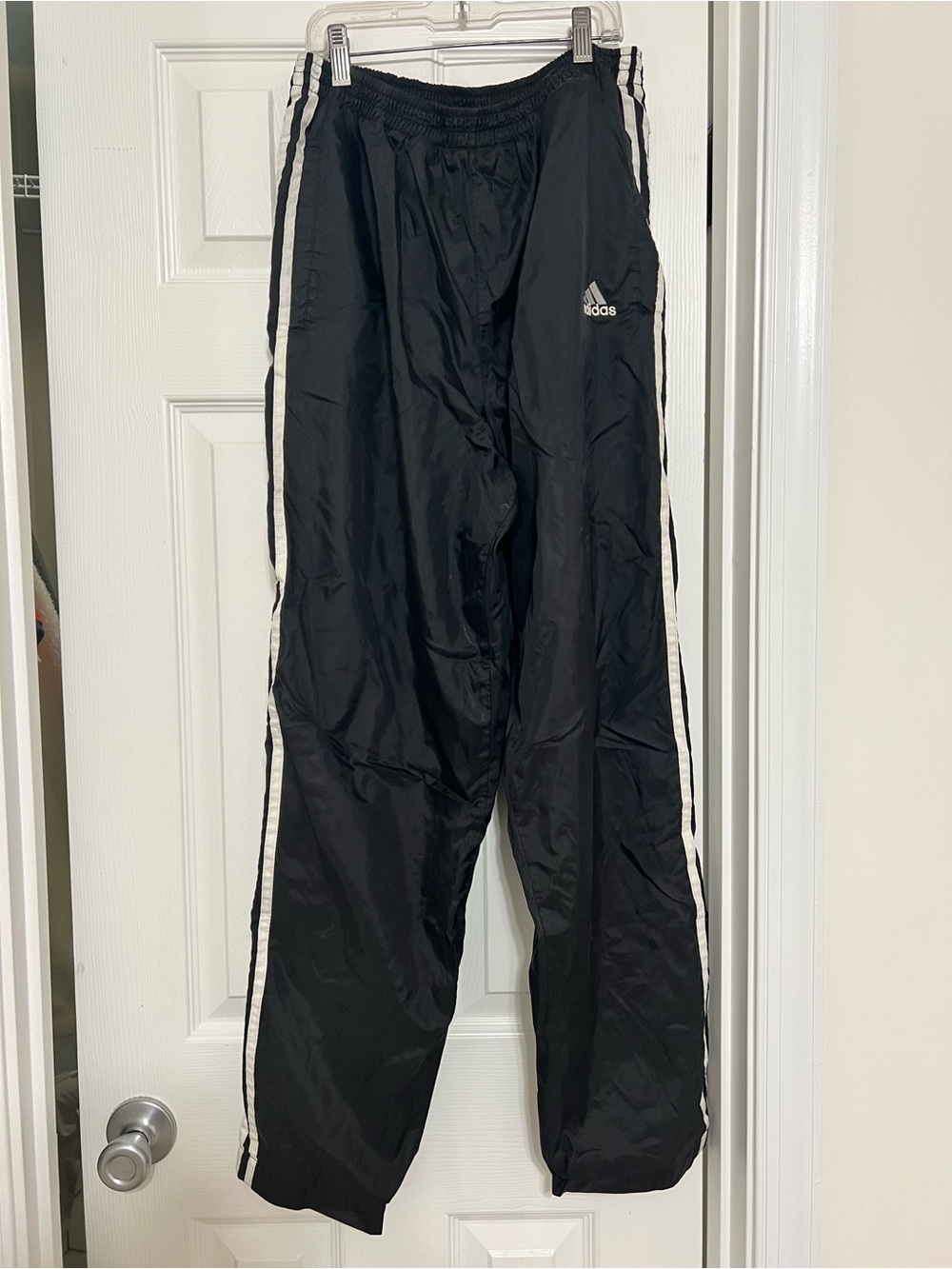 Vintage Adidas Black Tear-away Track Pants with White Stripe